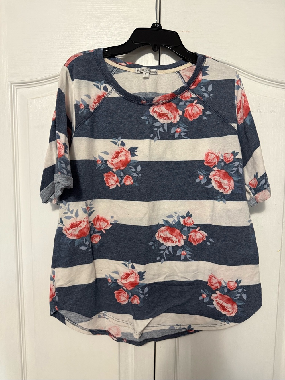 Striped Floral Short Sleeve Top - Navy & White with Pink Roses